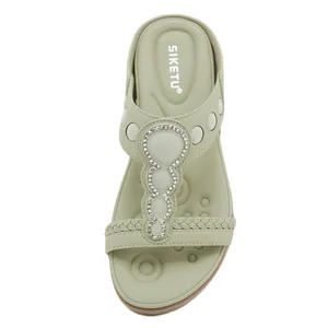 Women Bohemian Rhinestone Slippers Comfortable Massage Flat T-Strap Mules PU Leather Ethnic Style Beach Shoes For Women