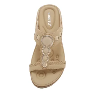 Bohemian rhinestone wedge sandals with cushioned massage footbed in khaki color