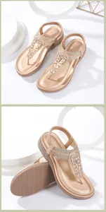 Close-up of Bohemian wedge sandals featuring sparkling rhinestones and elastic heel strap