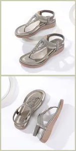 Detail of bohemian wedge sandals with sparkling rhinestones and elastic heel strap