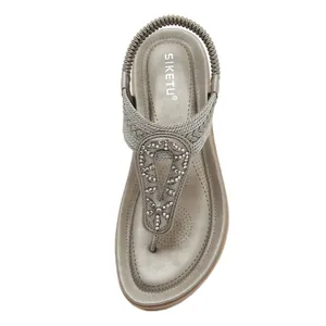 Women Bohemian Rhinestone Sandals T-Strap Elastic Back Strap Comfortable Beach Vacation Shoes Flat Wedge Walking Sandals