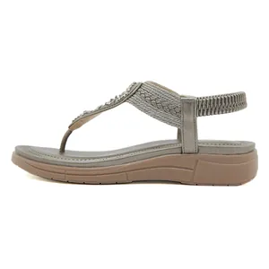 Women's metallic grey rhinestone wedge sandals with bohemian T-strap and braided details