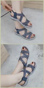 Detail of navy blue geometric strap women's sports sandals with thick grey anti-slip soles