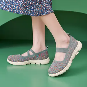 Chaussures Décontractées Mary Jane pour Femmes en Fly-knit Respirantes Semelle Épaisse Antidérapantes Tissage Chaussures de Marche Mocassins Multicolores