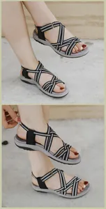 Detail of women's sports sandals with black-white patterned straps and grey rubber soles