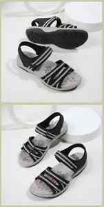 Makroaufnahme der rutschfesten Gummisohle und Klettverschlüsse schwarzer Sport-Sandalen