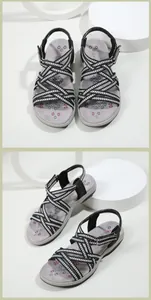Close-up of woven straps with arrow patterns and soft cushioned insoles on sports sandals
