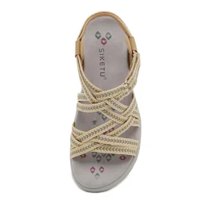 Women's casual flat sports sandals with cross elastic straps and printed insole in khaki