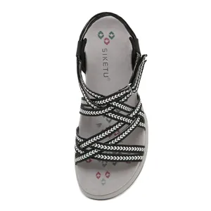 Women's casual sports sandals with black and white woven straps and gray cushioned sole