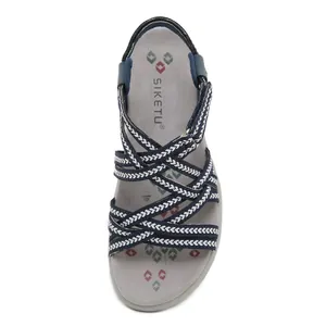 Navy blue elastic woven cross strap sports sandals with comfortable grey insoles