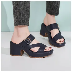 Close-up of navy blue platform sandals with gold buckles and non-slip thick heels