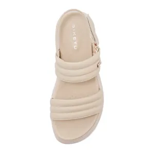 Top view of beige platform sandals with soft double straps and adjustable heel strap