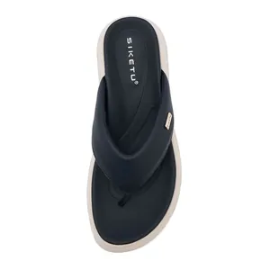 Top view of comfortable flip-flops with thick arch support sole and gold brand detail
