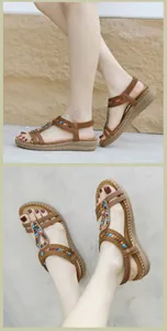 Detail of bohemian rhinestone sandals with colorful woven straps and beaded craftsmanship