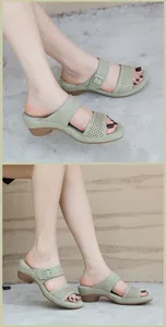 Detailed macro view of the light green sandal with rhinestone studs and cutout patterns