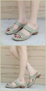 Detail of green wedge sandals featuring laser-cut patterns and double straps