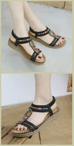 Detail showing ethnic style beaded patterns and thick wedge sole of the platform sandals