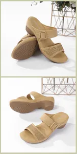 Close-up of rhinestone double straps and non-slip wedge sole on apricot beach sandals