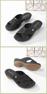 Detail of black wedge slippers with rhinestone straps and non-slip rippled sole design