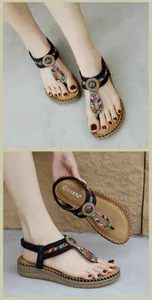 Detail of Bohemian T-strap sandals with colorful beads and comfortable padded latex sole