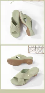 Detail of mint green wedge sandals featuring rhinestone crossover straps and anti-slip sole
