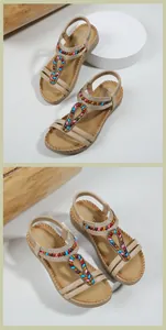 Detail of bohemian flat sandals with colorful beadwork and comfortable elastic heel strap