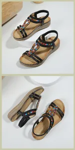 Detail of bohemian sandals with colorful bead patterns and a comfortable wedge sole