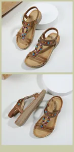 Detail view of Bohemian rhinestone sandals with colorful beaded straps and latex cushion