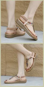 Detail of bohemian wedge sandals with colorful beads and comfortable elastic heel strap