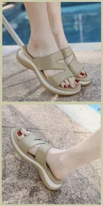 Macro detail of khaki platform wedge sandals with sparkling rhinestone-embellished straps