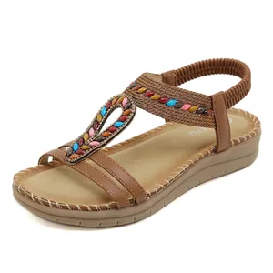 Bohemian Rhinestone Sandals Women Ethnic Colorful Beaded Flat Sandals Comfortable Elastic Strap Beach Shoes Casual Summer