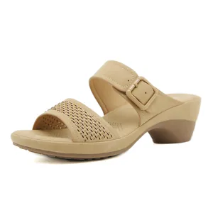 Elegant khaki wedge sandals for women with rhinestone cut-outs and buckle detail