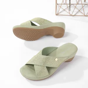Light green wedge sandals for women with rhinestones and non-slip rubber soles