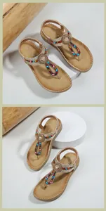 Detail of bohemian flat sandals featuring colorful beads and elastic heel strap
