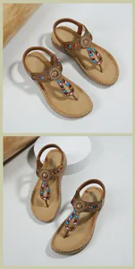 Detail view of Bohemian rhinestone sandals with latex massage sole and beaded T-strap