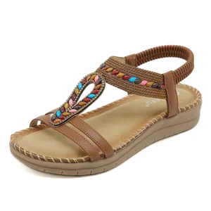 Bohemian brown platform sandals for women featuring colorful rhinestones and elastic straps