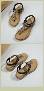 Detail of bohemian sandals with colorful beads and crystal on black braided straps