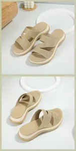 Close-up of beige platform wedge sandals featuring crisscross rhinestone straps and Siketu logo