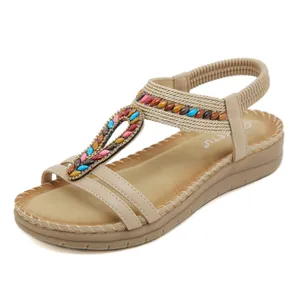 Bohemian rhinestone wedge sandals for women with colorful beads and elastic back strap