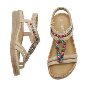 Bohemian wedge sandals with colorful beads and massage footbed in beige style