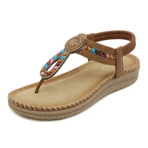 Women's Bohemian Rhinestone Sandals T-Strap Beaded Flat Thong Sandals Casual Ethnic Beach Shoes Comfortable Latex Insole