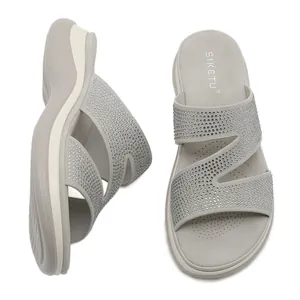 Women Rhinestone Wedge Slippers Platform PU Leather Cross Straps Open Toe Casual Beach Slides Height Increasing Summer Sandals Shoes