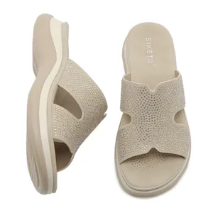 Women's rhinestone wedge platform sandals in beige with H-shaped hollow strap