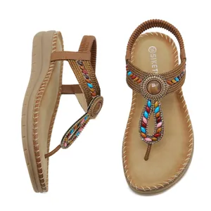 Bohemian rhinestones platform flat sandals with beaded T-strap and soft latex massage sole