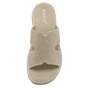 Sparkling rhinestone wedge sandals for women with comfortable beige platform sole