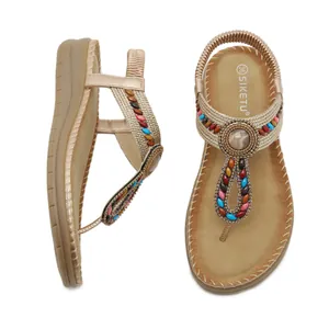 Bohemian rhinestones flip flops with champagne gold straps and comfortable massage sole