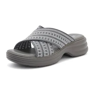 Detail view of grey cross-strap knit fabric upper and thick wedge platform sole