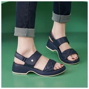 Side view of navy blue platform wedge sandals with crisscross straps and ankle support