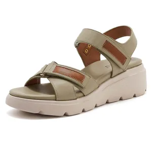 Sandali con zeppa da donna con cinturini in velcro oliva e suola spessa antiscivolo