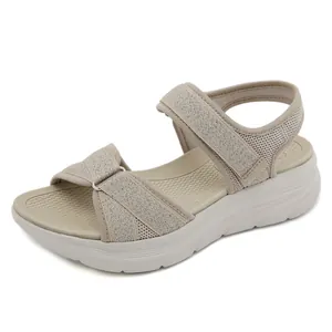 Sandales de sport à plateforme pour femmes avec maille respirante et velcro en beige